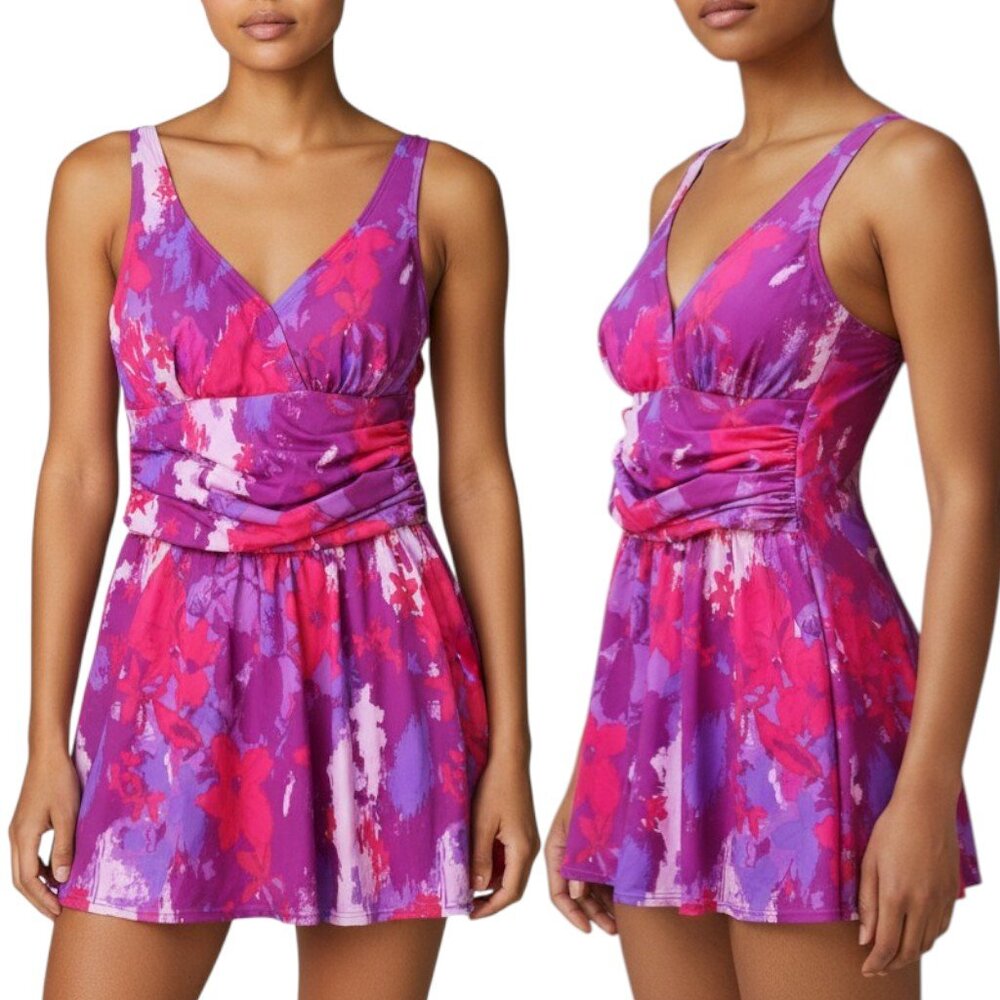 Denim & Co Beach Pink Abstract Ruched Flounce Skirt Swim Dress Women's Size 6